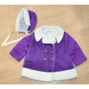 Vintage Bryan 60’s 70’s Purple Faux Fur Swing Coat Matching Cap  Size 1 T